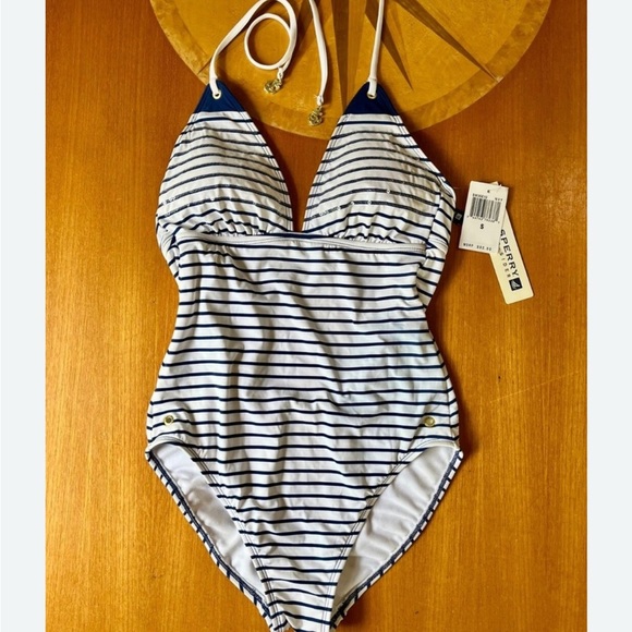 Sperry Blue and White One Piece Swimsuit Nautical Design - Picture 1 of 12